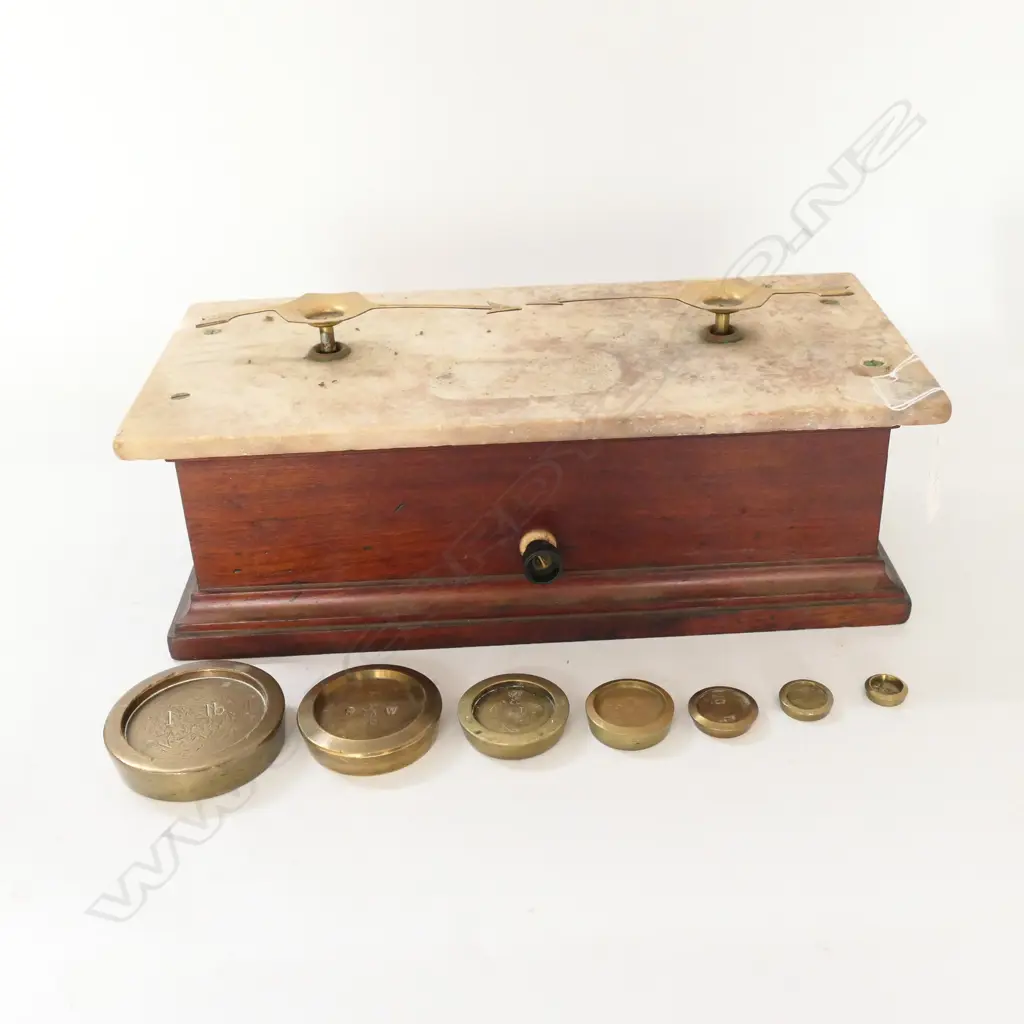 MAHOGANY & MARBLE COUNTER TOP BALANCE SCALES w NEST OF BRASS WEIGHTS, (REPLACED KNOB, LACKING PANS) W.340mm Image 1++